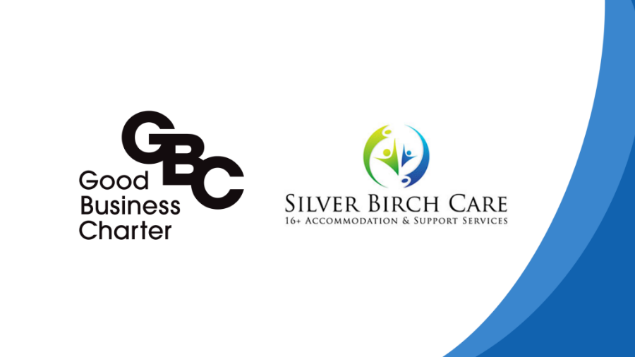 Good Business Charter & Silver Birch Care logos on a white and blue background.